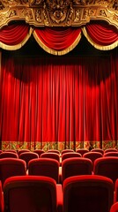 Red Velvet Stage Curtains and Empty Seats in Theater