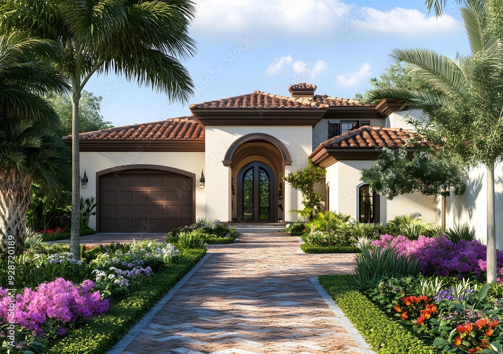 Wall mural Luxury Mediterranean Style Home with Palm Trees and a Stone Driveway