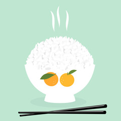 Rice bowl, smoke and orange fruit with green leaves on green background vector.
