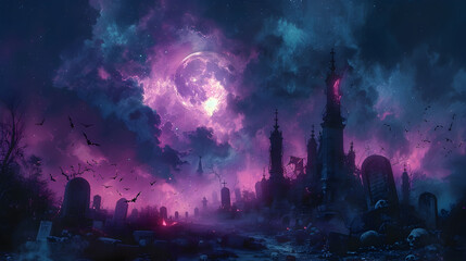  A spooky Halloween scene with a full moon, bats, and a creepy graveyard filled with tombstones and skeletons 