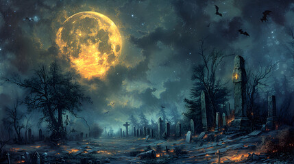  A spooky Halloween scene with a full moon, bats, and a creepy graveyard filled with tombstones and skeletons 