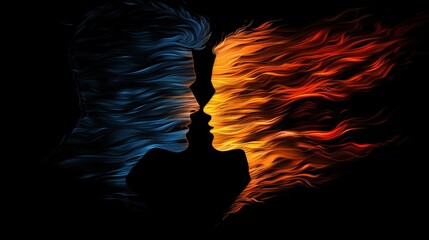 A man silhouette facing a woman silhouette with an abstract art pattern