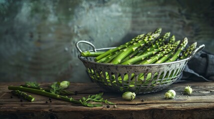 Fresh asparagus sits in a stylish metal basket against a rustic backdrop. The vibrant green hues pop against earthy tones. Perfect for food photography or healthy eating campaigns. AI
