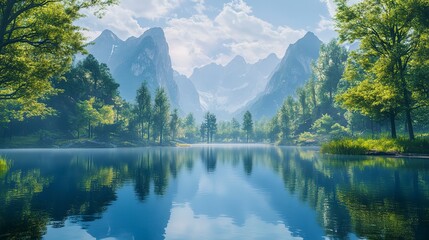 Naklejka premium A body of water surrounded by green trees with towering mountains in the background. The scene is peaceful and serene, offering a tranquil atmosphere. 