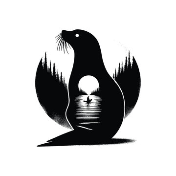 recommend clip art: silhouette of Seal posefilled with vintage horror movie poster in rough drawing,