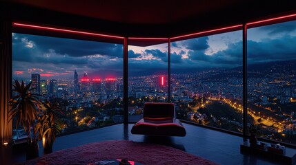 Fototapeta premium Stunning cityscape view from a modern apartment at dusk with vibrant city lights and a panoramic skyline.