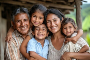 Portrait of a Latin family hugging in rural area - Happy Hispanic family in the village, Generative AI - Powered by Adobe