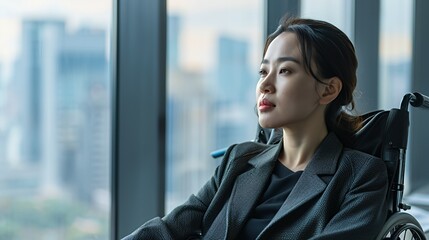 A woman in a wheelchair looks out of a window.
