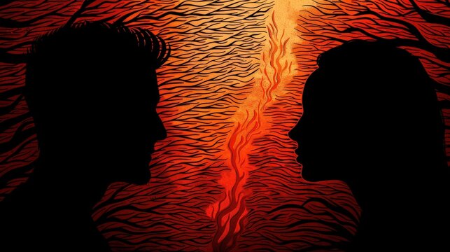 A man silhouette opposing a woman silhouette with an underwater coral theme pattern