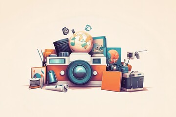 Obraz premium World Photography Day with World Map Background, photographer taking photo. World Photography Day social media banner and instagram banner post design