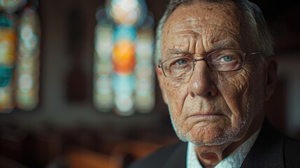 An elderly man with glasses, wearing a dark suit, gazes solemnly into the distance while inside a church, with colorful stained glass windows blurred in the background