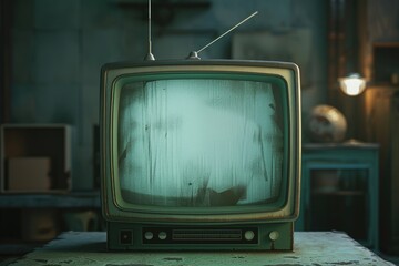 An old television sitting on a table, possibly vintage or retro-style