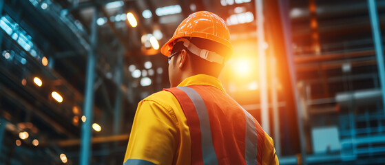 Obraz premium Engineer in high-visibility vest and hard hat inspecting a modern industrial facility with bright lighting and structured environment.