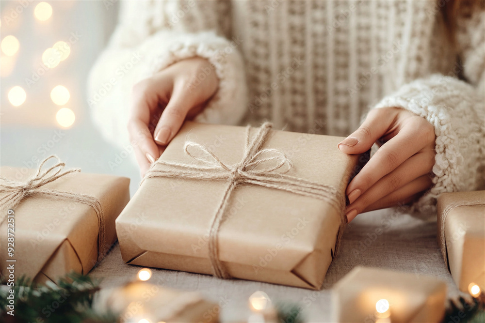 Wall mural Unrecognized woman wearing a cozy sweater is holding a christmas gift wrapped in craft paper and tied with twine. 