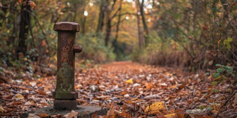 Autumn Forest Scene with Rusty Water Spigot Shallow Depth of Field