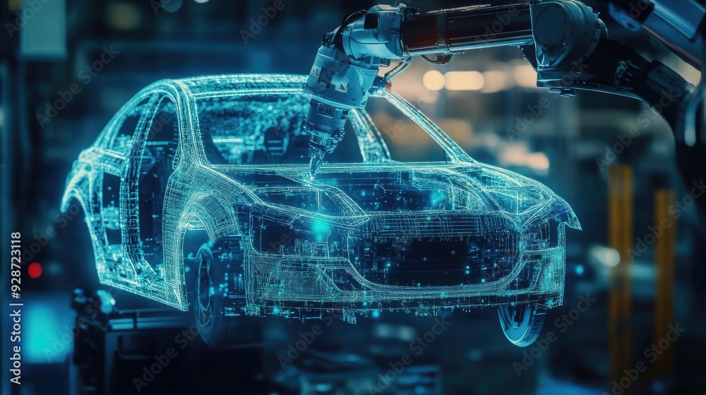 Poster automotive ai technology: robots using ai and machine learning to streamline car assembly processes,