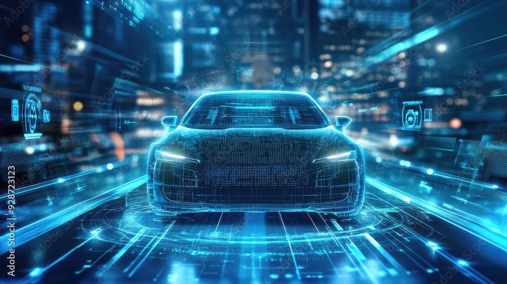 Poster automotive ai technology: robots using ai and machine learning to streamline car assembly processes,