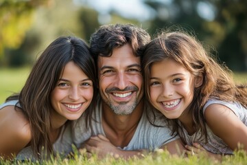 Fototapeta premium Happy smiling family spending summer day at park.Happy smiling family spending summer day at park, Generative AI