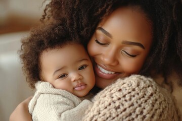 Close up of happy young african American mother hug cuddle little infant or toddler, loving smiling biracial mom embrace small baby child, enjoy tender family moment, motherhood, Generative AI
