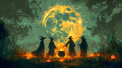  Witches gathered around a cauldron on Halloween, brewing potions and casting spells under the light of the full moon 