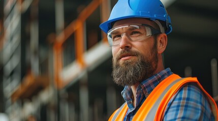 Portrait of satisfied construction site manager wearing safety vest and blue helmet 