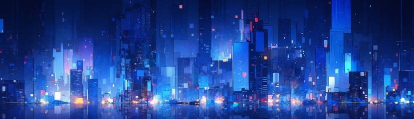 Obraz premium Digital Metropolis: Abstract Technology Overlay on Skyscrapers with Bright Windows Against a Blue Night Background, Embodiment of Urban Digitization.