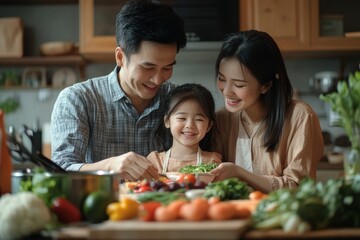 Asian love family are preparing the breakfast, sandwich vegetable on table in the kitchen which Excited smiling and felling happy. parent teach daughter to cooking food on the day at, Generative AI