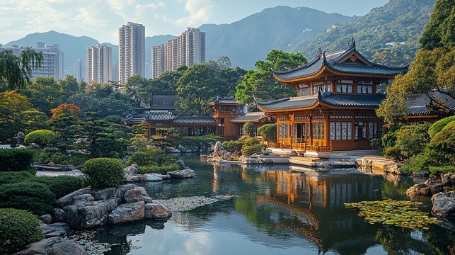 A peaceful view of the Chi Lin Nunnery in Kowloon, with its traditional wooden architecture and tranquil gardens.
