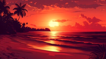 An illustration of a beach sunset, featuring vibrant colors and a dramatic sky.