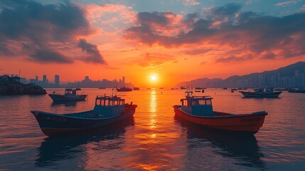 Fototapeta premium A serene sunset over Lamma Island, with fishing boats anchored in the bay and the distant outline of Hong Kongs skyscrapers on the horizon.