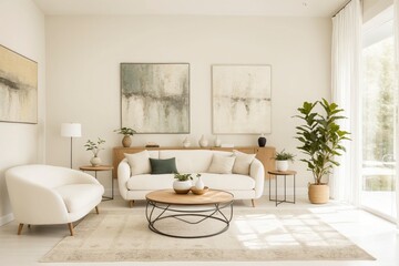 Fototapeta premium A living room with a white couch, a coffee table, and a potted plant