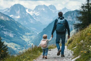 Obraz premium Father walking with baby daughter in mountains travel family adventure lifestyle vacations dad with child activity outdoor, Generative AI