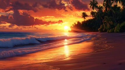 A photorealistic picture of a Caribbean beach sunset, showcasing vibrant colors and a dramatic sky.