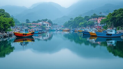 A serene morning view of Sai Kung, with fishing boats in the harbour and the surrounding hills reflected in the calm water.