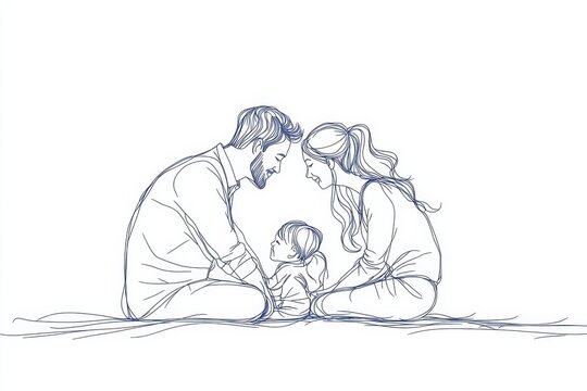 Continuous one line drawing. Happy family father and mother with three children.  illustration, Generative AI