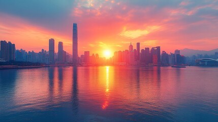 Fototapeta premium A sunset view of the skyline from Kowloon, with the golden light reflecting off the glass of the skyscrapers and the calm waters of the harbour.