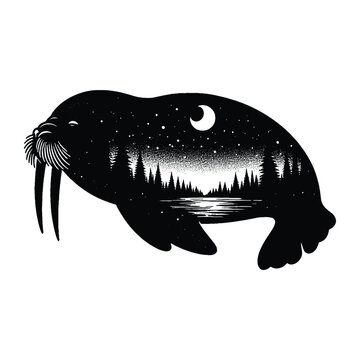 recommend clip art: silhouette of Walrus filled with nature night view in rough drawing,