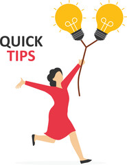 Smart businessman holding lightbulb ideas balloon telling quick tips. Quick tips for business, useful ideas or smart trick to success, advice or suggestion information for improvement concept.

