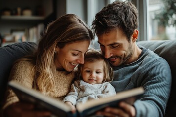 Obraz premium Teaching her some new things. Shot of a young family reading a book together at home, Generative AI