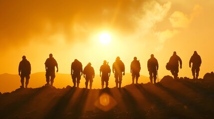 Labor Day Tribute: Blue-collar Workers Silhouetted by the Rising Sun with a Banner of Respect