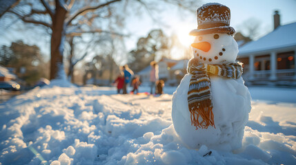 Obraz premium A cheerful snowman standing in a snowy front yard, with a top hat, a carrot nose, and a scarf, surrounded by children playing and making snow angels.