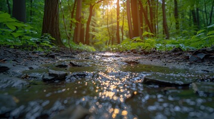 Obraz premium A serene forest landscape showcasing a tranquil stream with sunlight filtering through the dense canopy of lush green trees during a beautiful sunset