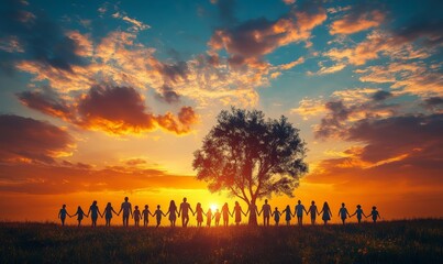 large family in the park. a large group of people holding hands walking silhouette on nature sunset in the park. big family kid dream concept. people in the park. large lifestyle, Generative AI