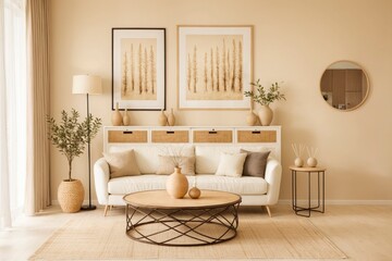 A living room with a white couch, coffee table, and a mirror