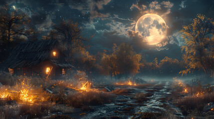 Obraz premium A Halloween night with spooky ghost stories being told around a campfire, with the full moon shining overhead 