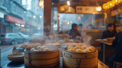 A busy dim sum restaurant in Hong Kong, with tables full of steaming bamboo baskets and people enjoying a meal together.