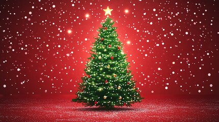 Obraz premium A red background with a green Christmas tree silhouette in the center decorated with white lights