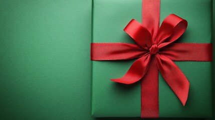 A green background with a red ribbon and bow resembling a beautifully wrapped Christmas gift