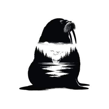 recommend clip art: silhouette of Walrus sitfilled with nature view in rough drawing,
