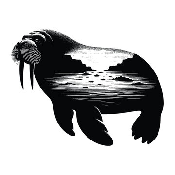 recommend clip art: silhouette of Walrus filled with river view in rough drawing,